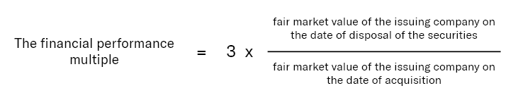 The financial performance multiple = 3 x fair market value of the issuing company on the date of disposal of the securities / fa